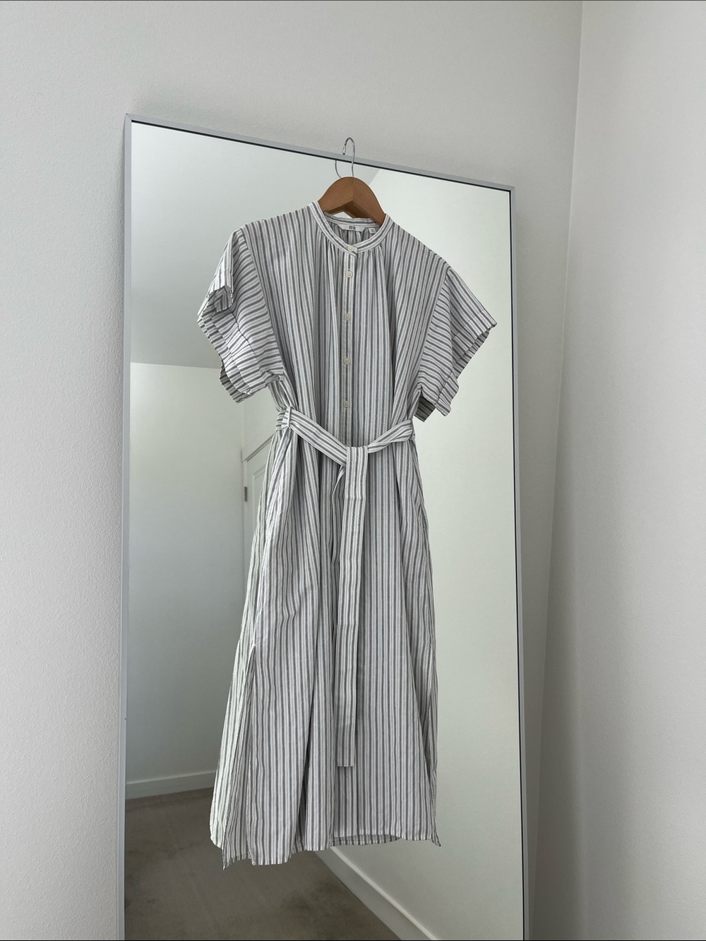 Linen Blend Relaxed Dress Stripe in Off White